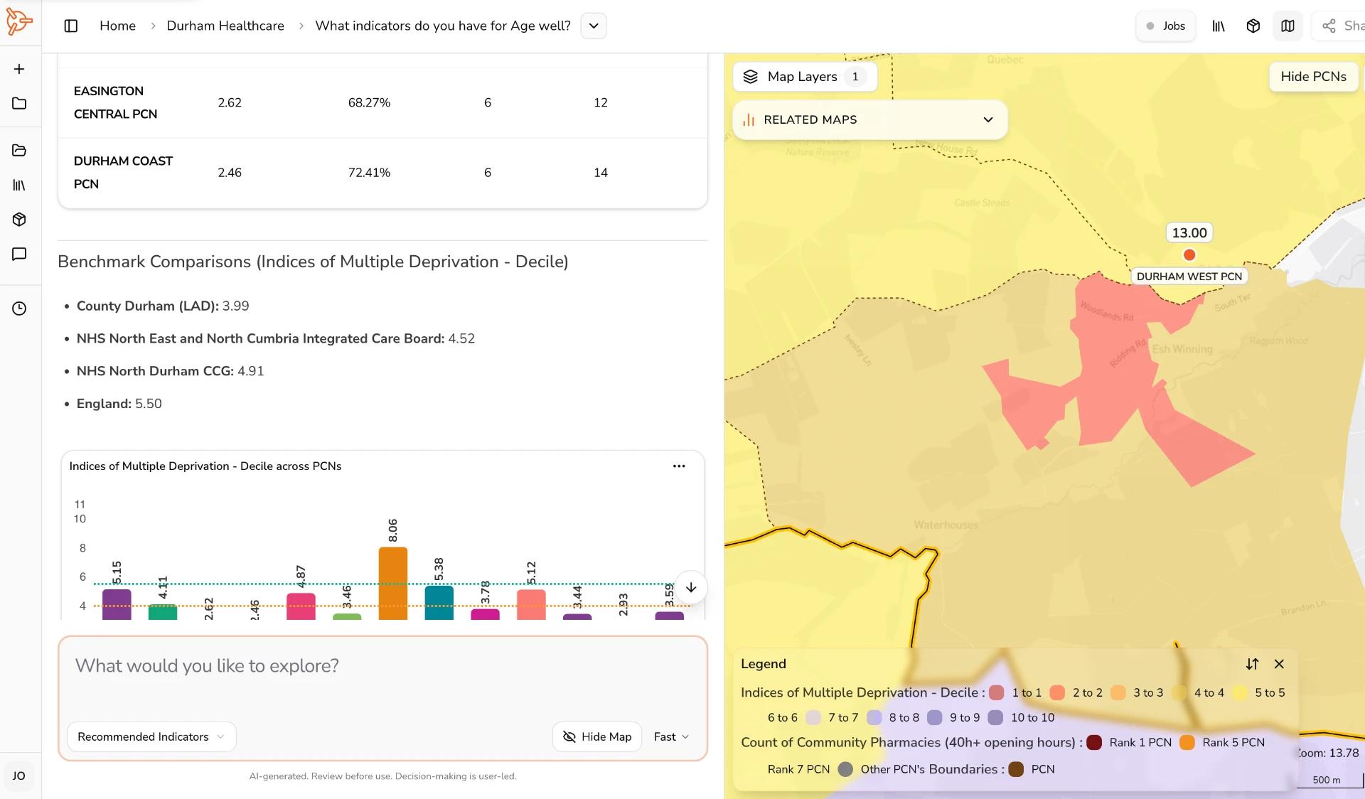 A Coplug map of a primary care network showing deprivation and service locations